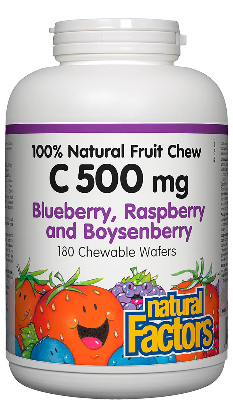 Natural Factors Vitamin C 500mg Natural Fruit Chew 180 tablets - BLUEBERRY,RASPBERRY & BOYSENBERRY